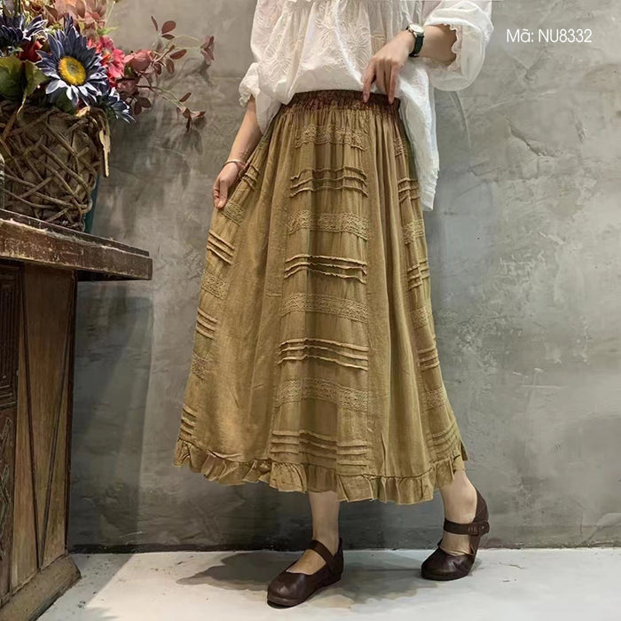 Chân váy linen lưng thun đính ren song song - NU8332