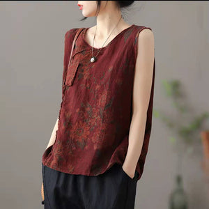 Áo sơ mi linen sát nách cổ tròn một túi in hoa văn - NU6721