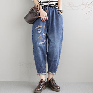 Quần baggy denim thêu chuồn chuồn và hoa bồ công anh - NU7602