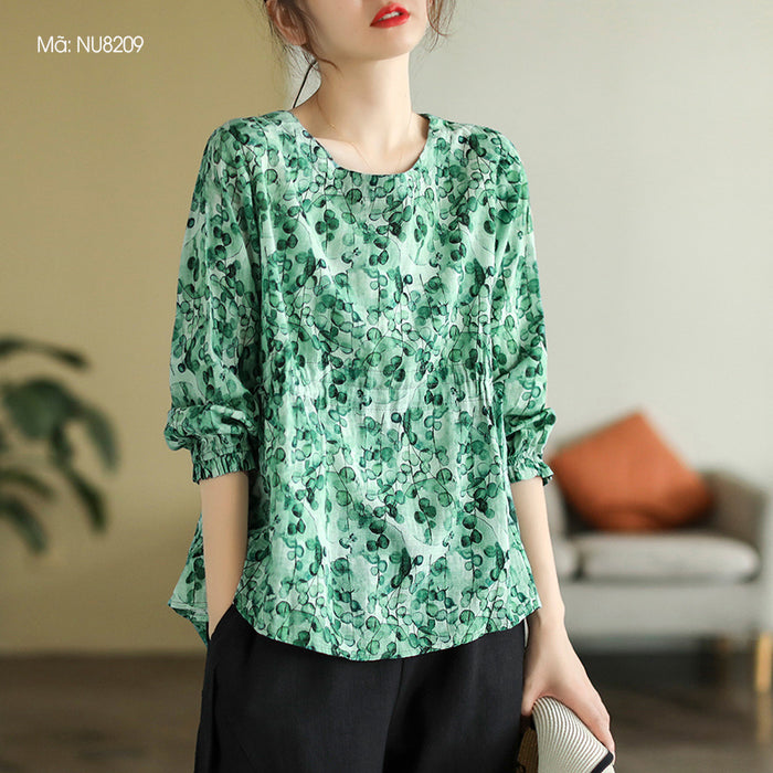 Áo sơ mi linen dài tay cổ tròn in hoa lá eo dây rút - NU8209
