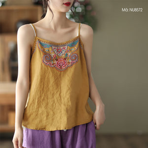 Áo T-shirt linen sát nách hai dây thêu hoa văn retro - NU8572