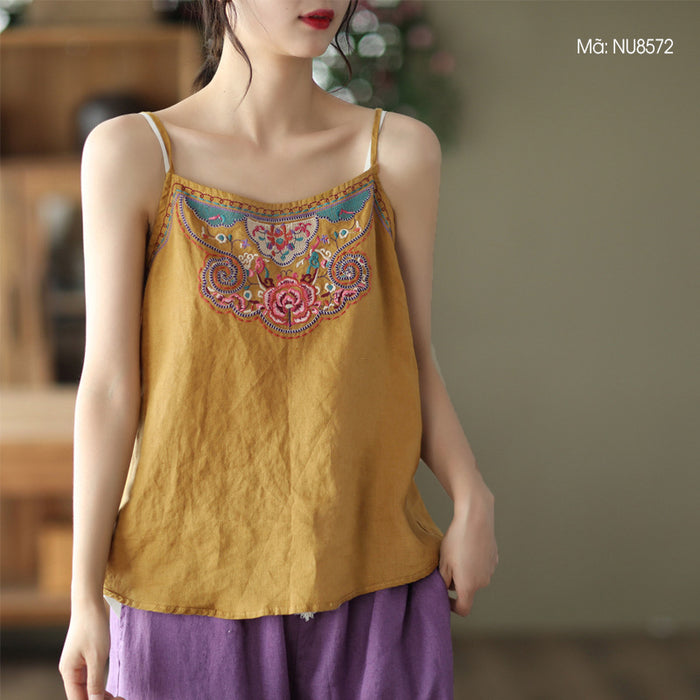 Áo T-shirt linen sát nách hai dây thêu hoa văn retro - NU8572