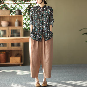 Áo sơ mi linen dài tay cổ pipi xếp ly in hoa nhí - NU6693
