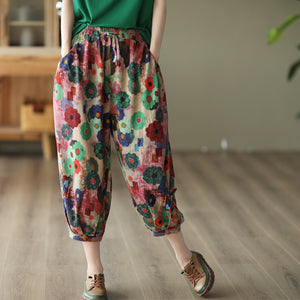 Quần baggy linen lưng thun dây rút in những bông hoa sắc màu - NU7489