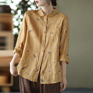 Áo sơ mi linen dài tay cổ pipi thêu hoa cafe - NU7482
