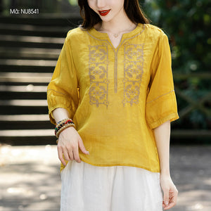 Áo sơ mi linen ngắn tay cổ tròn xẻ thêu đối xứng - NU8541