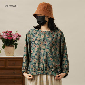 Áo sơ mi tay lửng cổ tròn in hoa văn retro một túi - NU8558