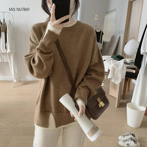 Áo len dệt kim dài tay cổ tròn xẻ kiểu hai lớp - NU7869