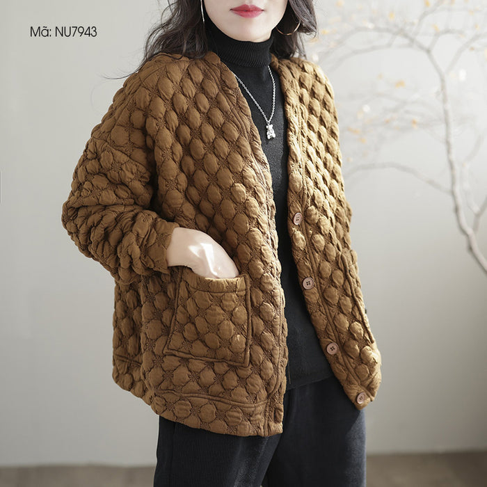 Áo khoác retro dài tay có trần bông thêu hoa cúc liti - NU7943