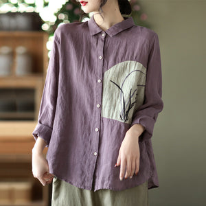 Áo sơ mi linen dài tay cổ đức thêu hoa lan  - NU6724