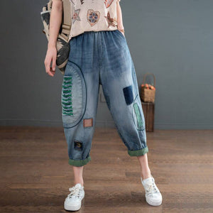 Quần baggy denim lưng thun kiểu sờn rách chắp vá - NU7496