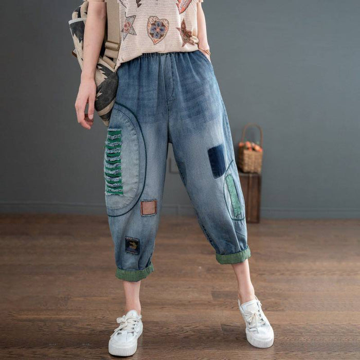 Quần baggy denim lưng thun kiểu sờn rách chắp vá - NU7496