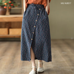 Chân váy linen lưng thun thắt dây xẻ tà chéo in hoa liti - NU8317