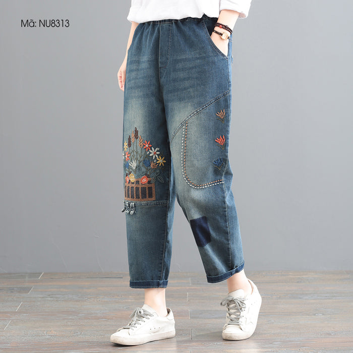Quần baggy denim lưng thun thêu hoa lá - NU8313