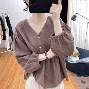 Áo sơ mi linen dài tay cổ V kiểu bo tay - NU8458