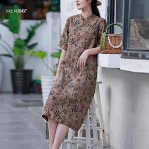 Đầm liền linen ngắn tay cổ V xếp ly khuy tròn in hoa lá - NU8437