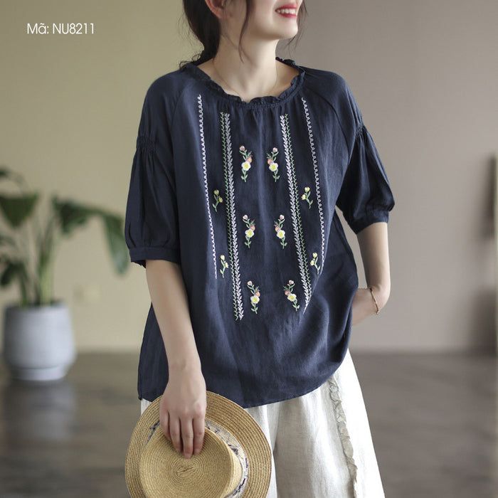 Áo sơ mi linen ngắn tay cổ tròn thêu hoa đối xứng - NU8211