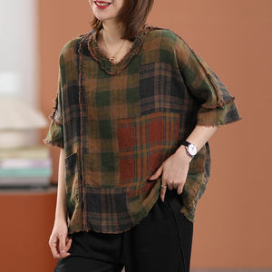 Áo T-shirt linen ngắn tay cổ V một túi kiểu tua rua - NU7451