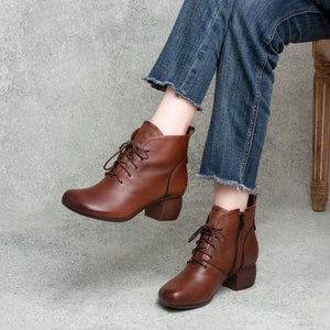 Giày da retro cao cổ may tay khóa kéo cột dây - OD0964