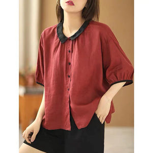 Áo sơ mi linen ngắn tay xếp li cổ pipi - NU7242