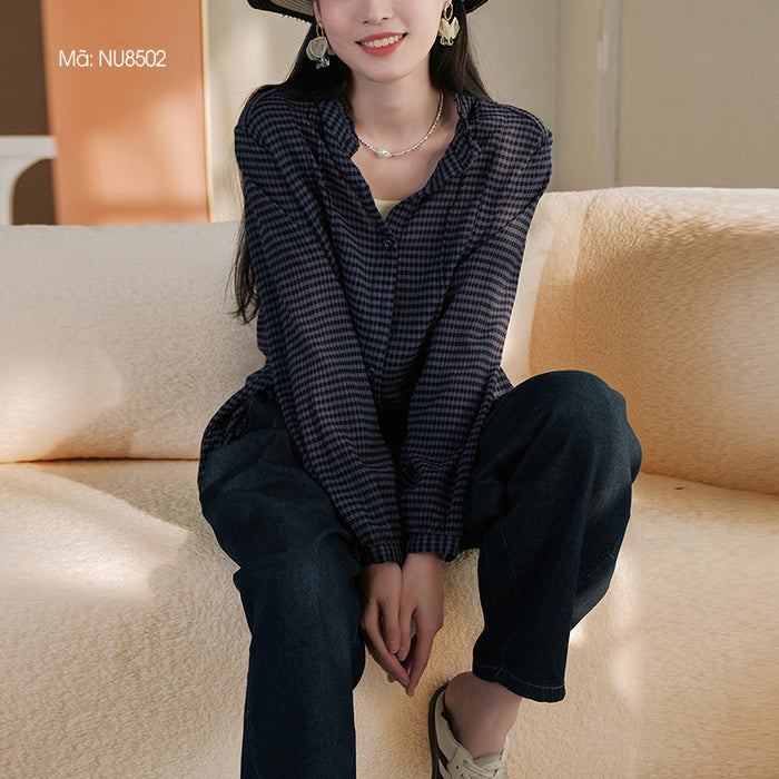 Áo sơ mi dài tay cổ V xếp ly kẻ caro - NU8502
