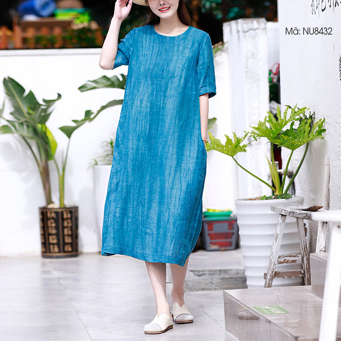 Đầm liền linen ngắn tay cổ tròn một màu hai túi - NU8432