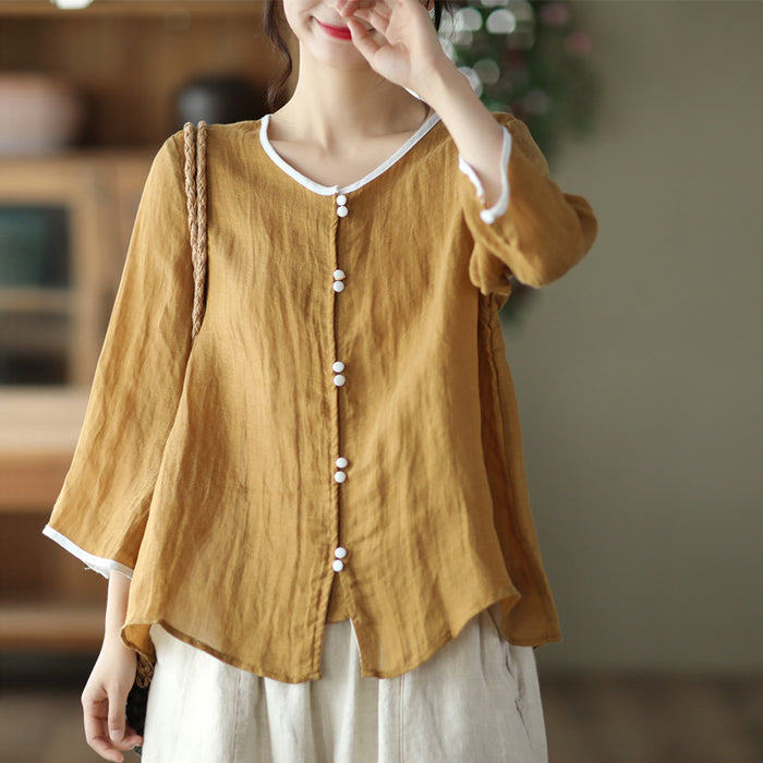 Áo sơ mi linen tay lửng cổ tròn bo viền khuy đôi - NU7408