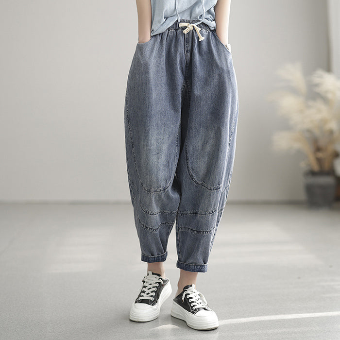 Quần baggy denim lưng thun dây rút may đối xứng - NU6896