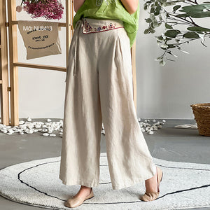 Quần baggy linen lưng cao thêu hoa văn ống rộng - NU8413