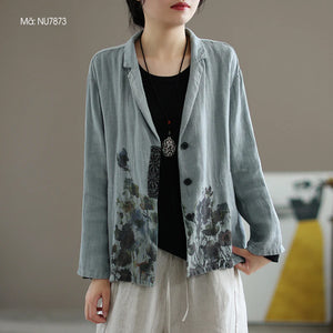 Áo khoác vest linen dài tay hai túi tròn in hoa lá - NU7873