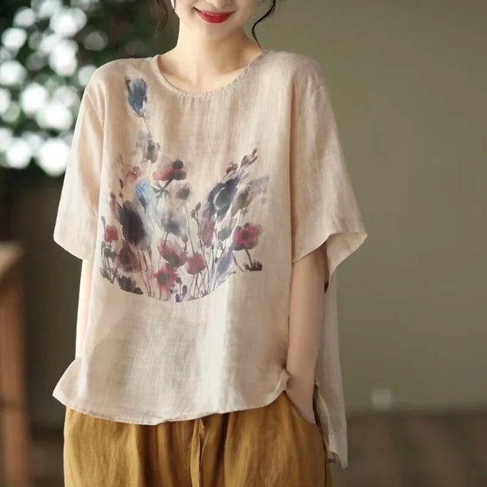 Áo T-shirt linen ngắn tay cổ tròn in hoa trước ngực kiểu lệch tà - NU7438