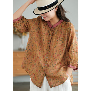 Áo sơ mi linen tay lửng cổ pipi phối màu in hoa lá - NU7032