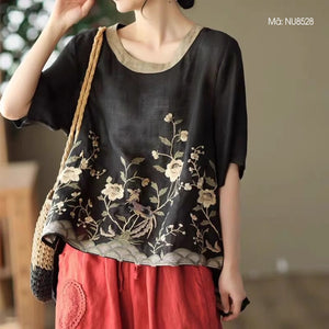 Áo T-shirt linen ngắn tay cổ tròn thêu hoa lá gợn sóng - NU8528