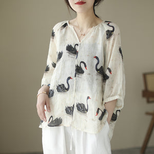 Áo sơ mi linen ngắn tay cổ V một khuy - NU7465