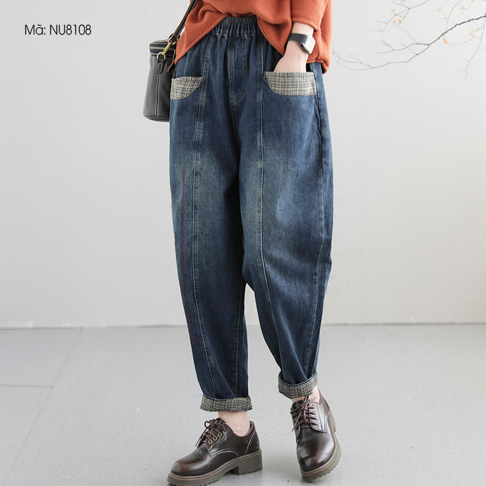 Quần baggy denim lưng thun hai túi phối vải kẻ sọc - NU8108