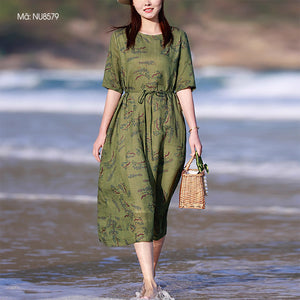 Đầm liền linen in hoa lá ngắn tay cổ tròn eo thắt dây - NU8579