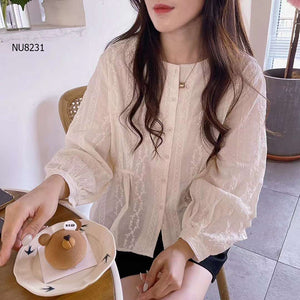Áo sơ mi dài tay cổ tròn thêu hoa lá eo thắt nơ - NU8231