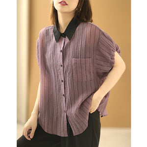Áo sơ mi linen ngắn tay cổ pipi kẻ sọc bằng chữ - NU7391