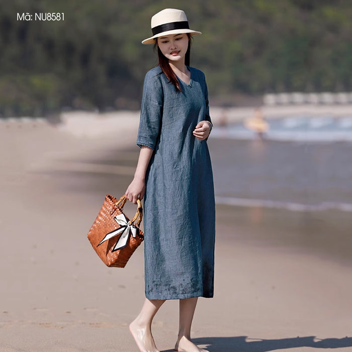 Đầm liền linen ngắn tay cổ V eo thắt dây một màu - NU8581