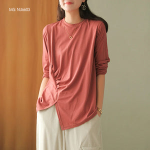 Áo T-shirt dài tay cổ tròn xẻ tà xếp ly - NU6603