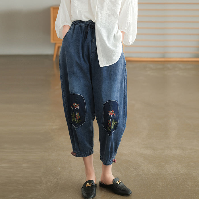 Quần baggy denim lưng thun thêu nhành hoa đối xứng - NU7073