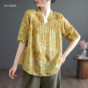 Áo sơ mi linen ngắn tay cổ V khuy đôi in hoa lá - NU8578