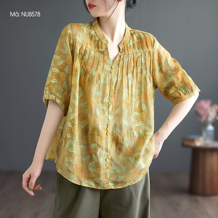 Áo sơ mi linen ngắn tay cổ V khuy đôi in hoa lá - NU8578