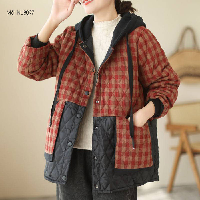 Áo khoác linen kẻ sọc caro chần bông khuy bấm - NU8097