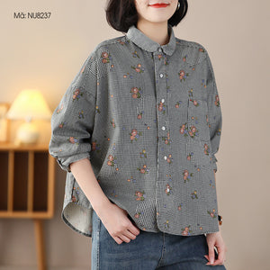 Áo sơ mi dài tay cổ pipi một túi in hoa lá vạt mullet - NU8237