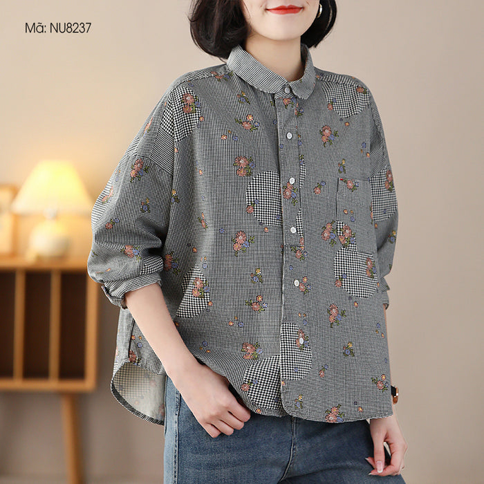 Áo sơ mi dài tay cổ pipi một túi in hoa lá vạt mullet - NU8237