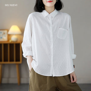 Áo sơ mi linen dài tay cổ đức một túi xéo - NU8141