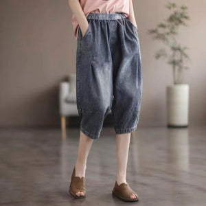 Quần sooc denim lưng thun xếp ly đối xứng - NU6914