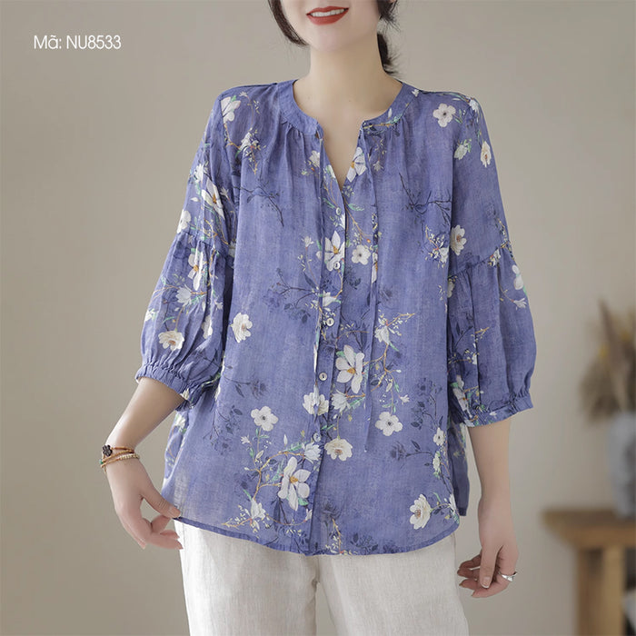 Áo sơ mi linen tay lửng cổ tròn cột dây in hoa lá - NU8533