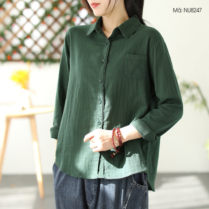 Áo sơ mi linen dài tay cổ pipi viền ren - NU8247